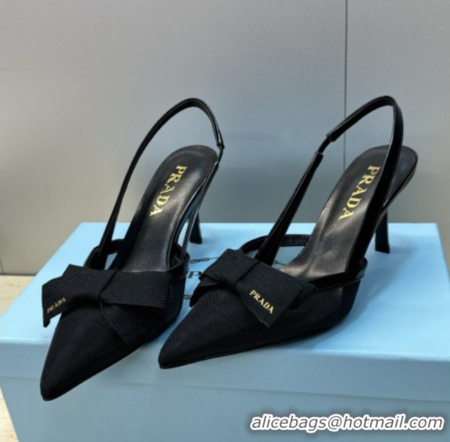 Best Grade Prada Mesh fabric slingbacks pump 7.5cm with bow Black 1I308O 0227091