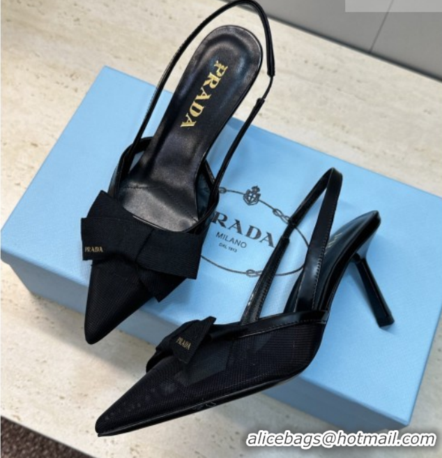 Best Grade Prada Mesh fabric slingbacks pump 7.5cm with bow Black 1I308O 0227091