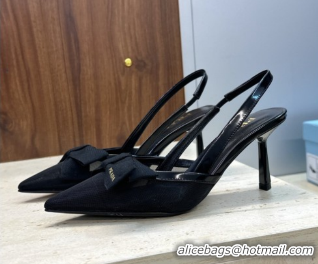 Best Grade Prada Mesh fabric slingbacks pump 7.5cm with bow Black 1I308O 0227091