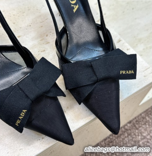 Best Grade Prada Mesh fabric slingbacks pump 7.5cm with bow Black 1I308O 0227091