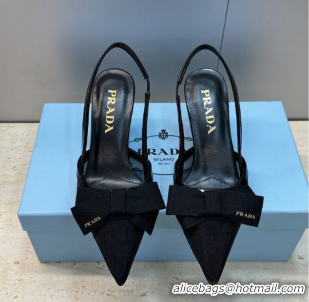 Best Grade Prada Mesh fabric slingbacks pump 7.5cm with bow Black 1I308O 0227091