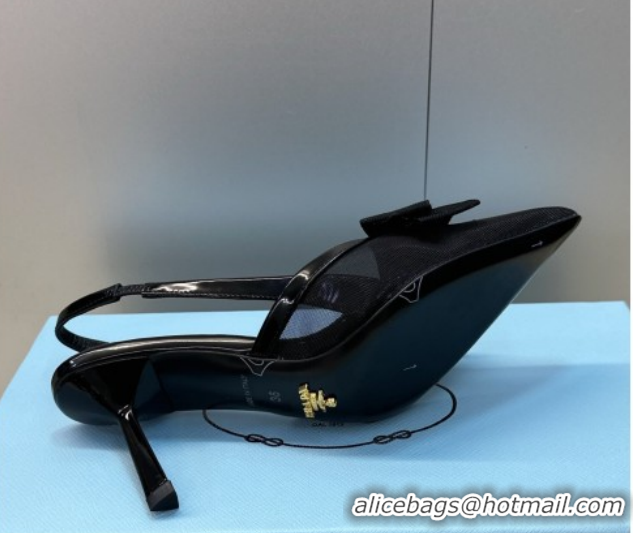 Best Grade Prada Mesh fabric slingbacks pump 7.5cm with bow Black 1I308O 0227091