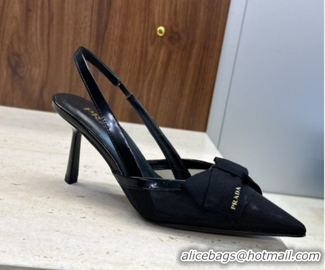 Best Grade Prada Mesh fabric slingbacks pump 7.5cm with bow Black 1I308O 0227091