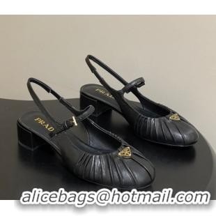 Pretty Style Prada Pleated Leather Slingbacks Pumps 4cm Black PR022701 0227092