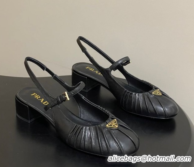 Pretty Style Prada Pleated Leather Slingbacks Pumps 4cm Black PR022701 0227092