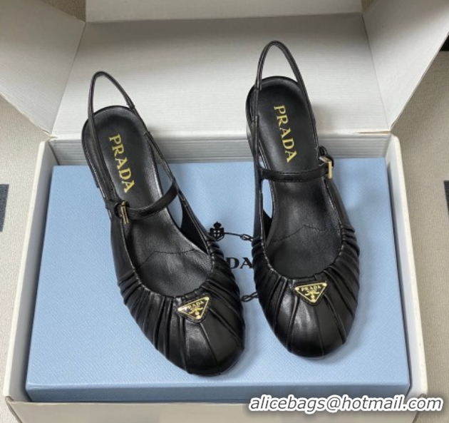 Pretty Style Prada Pleated Leather Slingbacks Pumps 4cm Black PR022701 0227092