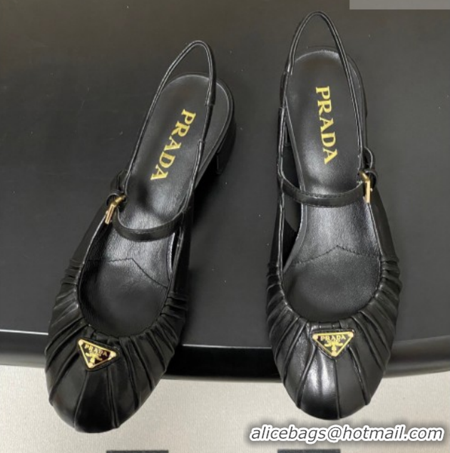 Pretty Style Prada Pleated Leather Slingbacks Pumps 4cm Black PR022701 0227092
