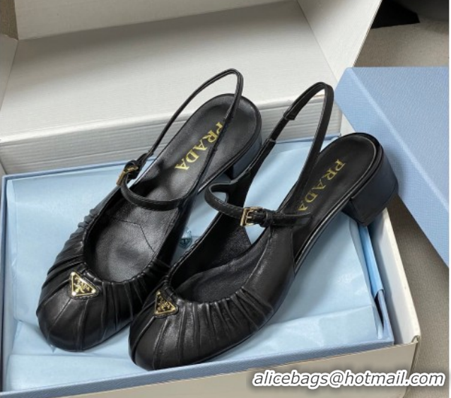 Pretty Style Prada Pleated Leather Slingbacks Pumps 4cm Black PR022701 0227092
