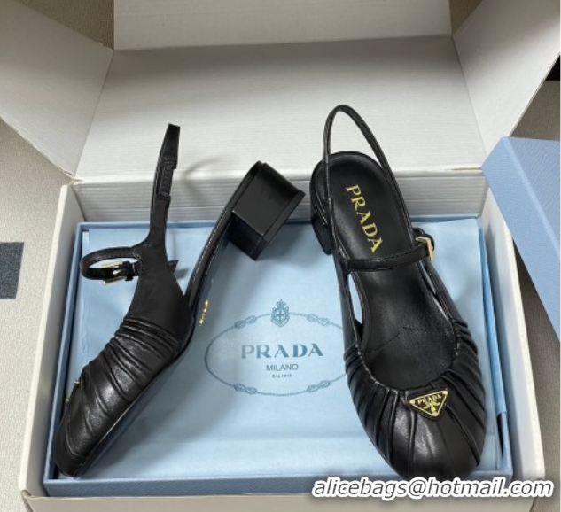 Pretty Style Prada Pleated Leather Slingbacks Pumps 4cm Black PR022701 0227092