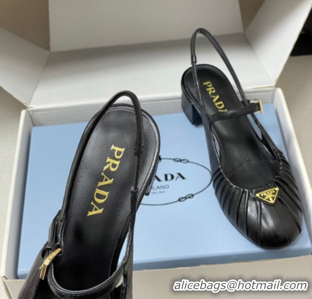 Pretty Style Prada Pleated Leather Slingbacks Pumps 4cm Black PR022701 0227092