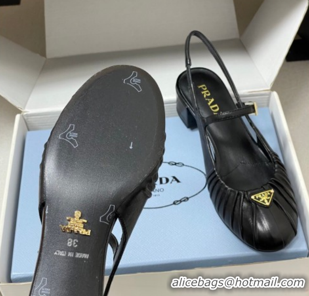 Pretty Style Prada Pleated Leather Slingbacks Pumps 4cm Black PR022701 0227092