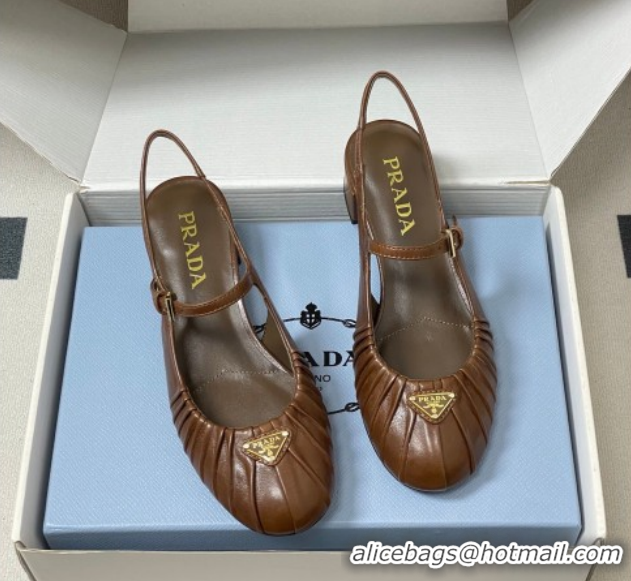 Shop Cheap Prada Pleated Leather Slingbacks Pumps 4cm Dark Brown PR022701 0227093