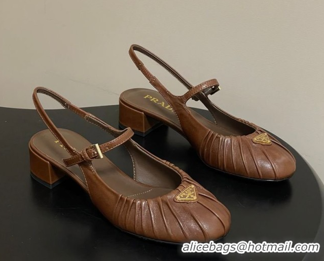 Shop Cheap Prada Pleated Leather Slingbacks Pumps 4cm Dark Brown PR022701 0227093