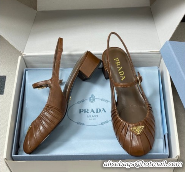 Shop Cheap Prada Pleated Leather Slingbacks Pumps 4cm Dark Brown PR022701 0227093