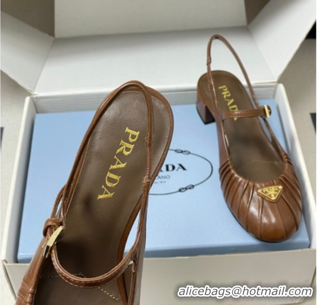 Shop Cheap Prada Pleated Leather Slingbacks Pumps 4cm Dark Brown PR022701 0227093