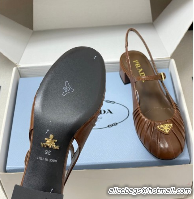 Shop Cheap Prada Pleated Leather Slingbacks Pumps 4cm Dark Brown PR022701 0227093