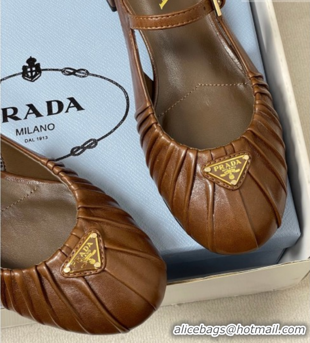 Shop Cheap Prada Pleated Leather Slingbacks Pumps 4cm Dark Brown PR022701 0227093