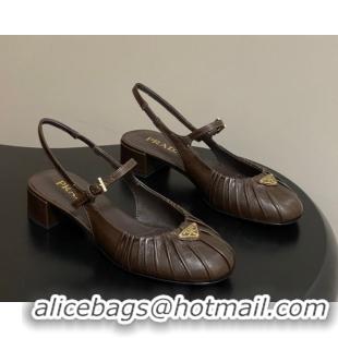 Best Product Prada Pleated Leather Slingbacks Pumps 4cm Chocolate Brown PR022701 0227094