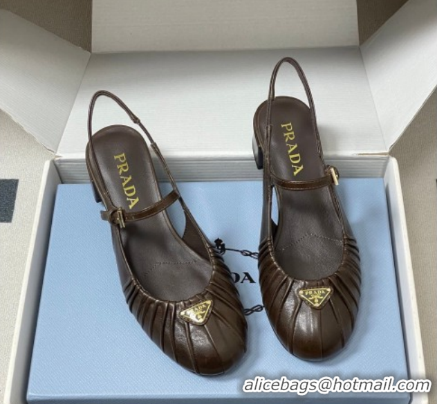 Best Product Prada Pleated Leather Slingbacks Pumps 4cm Chocolate Brown PR022701 0227094