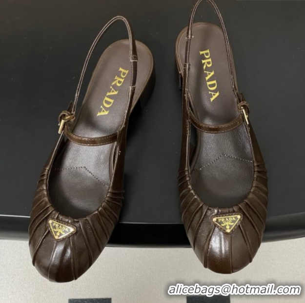 Best Product Prada Pleated Leather Slingbacks Pumps 4cm Chocolate Brown PR022701 0227094