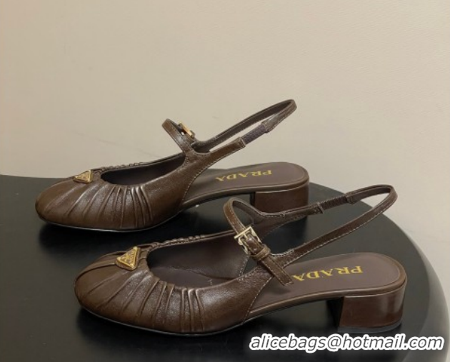 Best Product Prada Pleated Leather Slingbacks Pumps 4cm Chocolate Brown PR022701 0227094