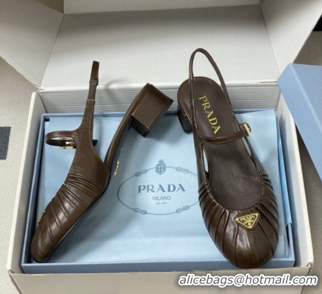 Best Product Prada Pleated Leather Slingbacks Pumps 4cm Chocolate Brown PR022701 0227094