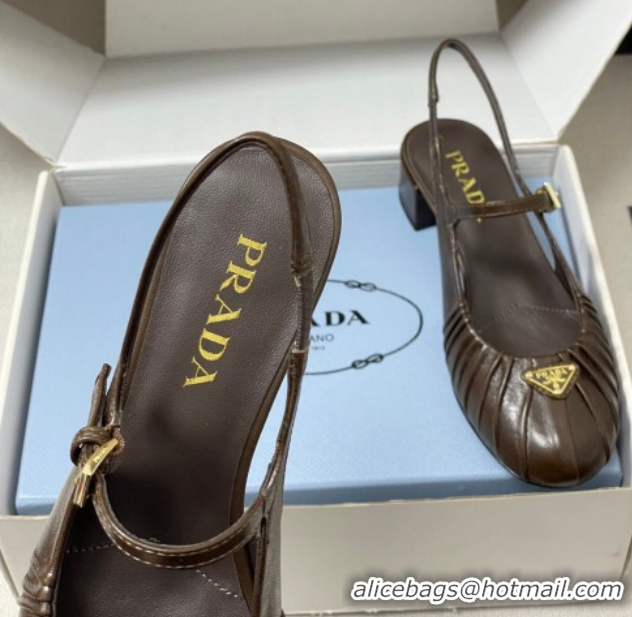 Best Product Prada Pleated Leather Slingbacks Pumps 4cm Chocolate Brown PR022701 0227094
