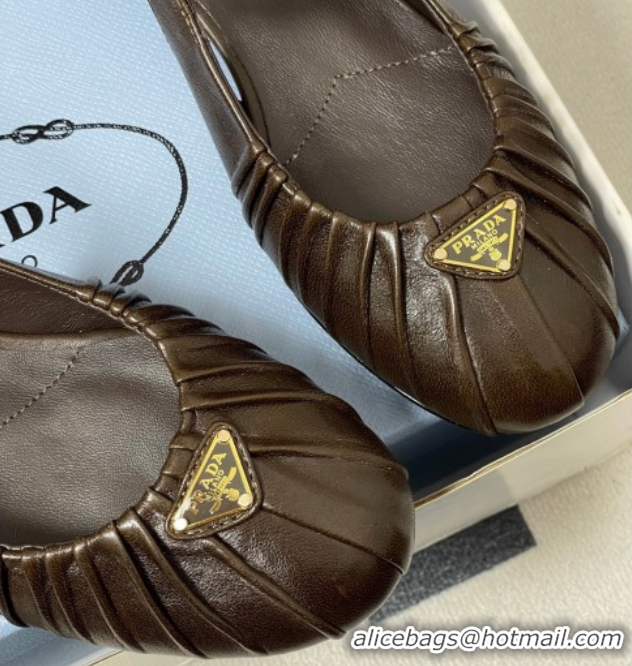 Best Product Prada Pleated Leather Slingbacks Pumps 4cm Chocolate Brown PR022701 0227094