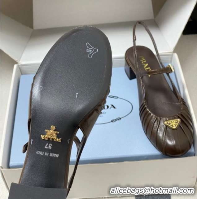 Best Product Prada Pleated Leather Slingbacks Pumps 4cm Chocolate Brown PR022701 0227094