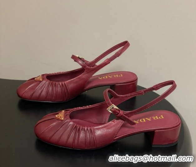 Buy Luxury Prada Pleated Leather Slingbacks Pumps 4cm Red PR022701 0227095