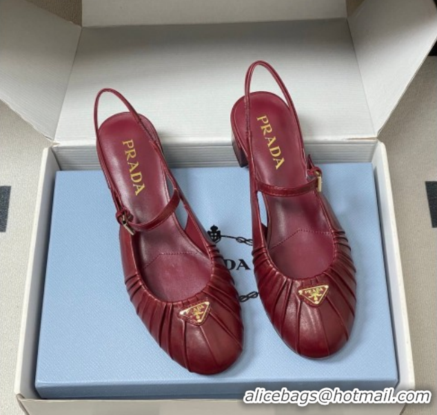 Buy Luxury Prada Pleated Leather Slingbacks Pumps 4cm Red PR022701 0227095