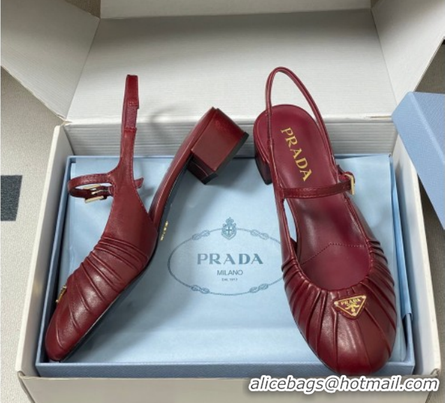 Buy Luxury Prada Pleated Leather Slingbacks Pumps 4cm Red PR022701 0227095