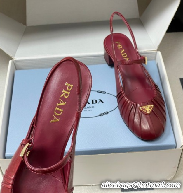 Buy Luxury Prada Pleated Leather Slingbacks Pumps 4cm Red PR022701 0227095