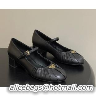 Unique Style Prada Pleated Leather Mary Janes Pumps 4cm Black PR022701 0227096