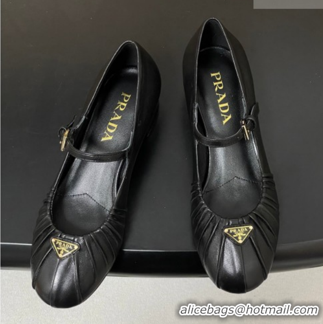 Unique Style Prada Pleated Leather Mary Janes Pumps 4cm Black PR022701 0227096