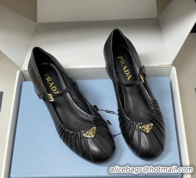 Unique Style Prada Pleated Leather Mary Janes Pumps 4cm Black PR022701 0227096