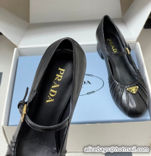 Unique Style Prada Pleated Leather Mary Janes Pumps 4cm Black PR022701 0227096