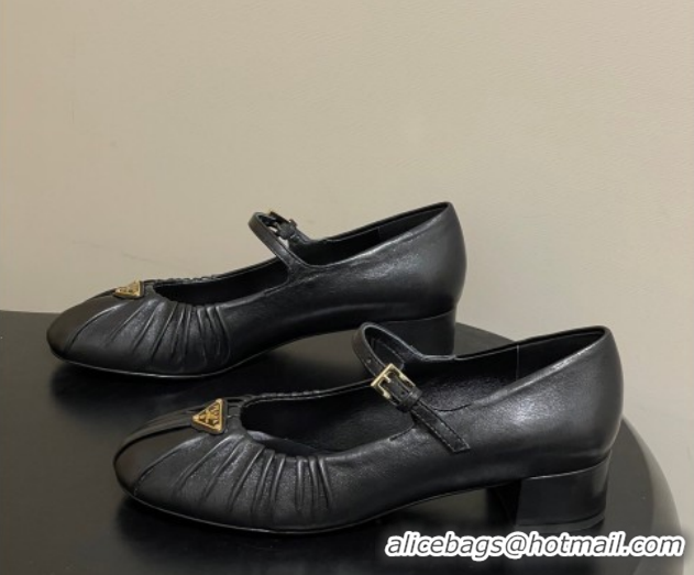 Unique Style Prada Pleated Leather Mary Janes Pumps 4cm Black PR022701 0227096