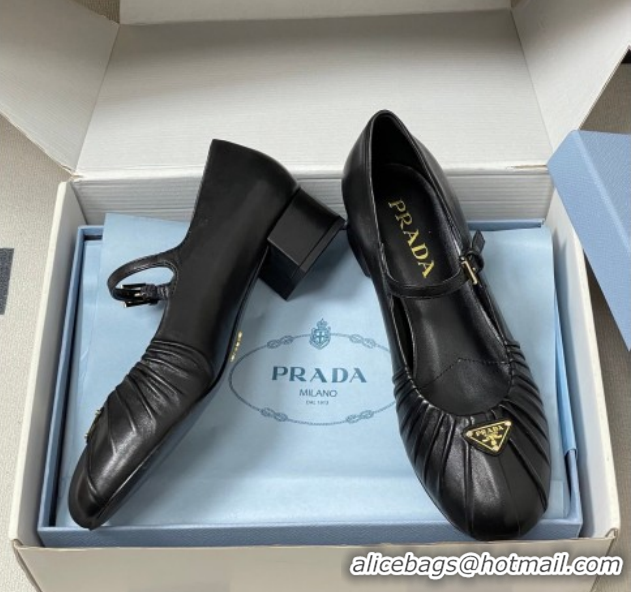 Unique Style Prada Pleated Leather Mary Janes Pumps 4cm Black PR022701 0227096