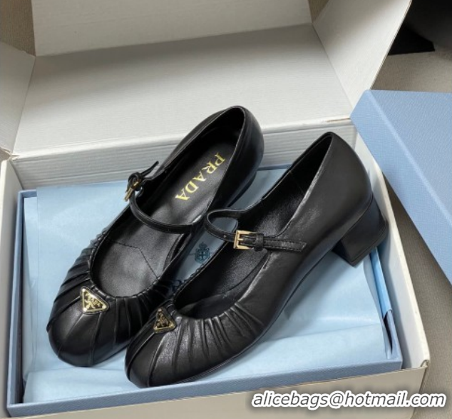 Unique Style Prada Pleated Leather Mary Janes Pumps 4cm Black PR022701 0227096