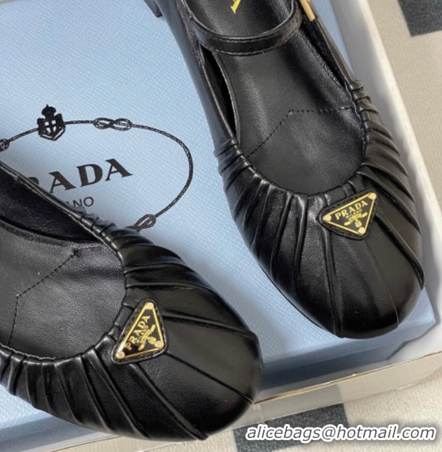 Unique Style Prada Pleated Leather Mary Janes Pumps 4cm Black PR022701 0227096