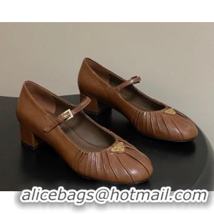Good Looking Prada Pleated Leather Mary Janes Pumps 4cm Dark Brown PR022701 0227097
