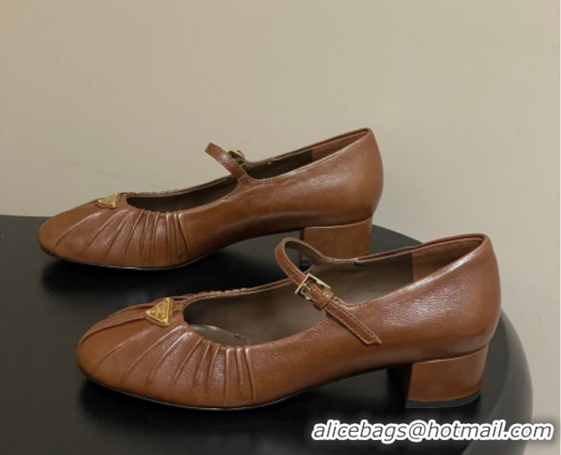Good Looking Prada Pleated Leather Mary Janes Pumps 4cm Dark Brown PR022701 0227097