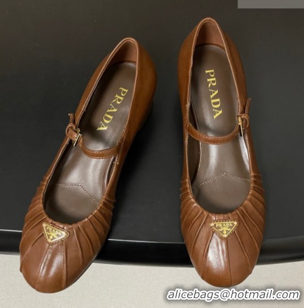 Good Looking Prada Pleated Leather Mary Janes Pumps 4cm Dark Brown PR022701 0227097