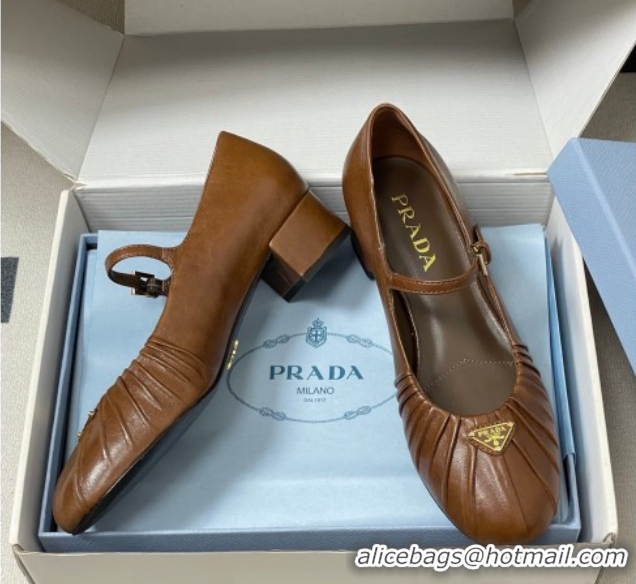 Good Looking Prada Pleated Leather Mary Janes Pumps 4cm Dark Brown PR022701 0227097