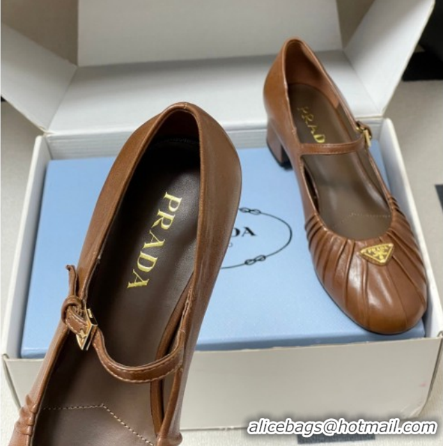 Good Looking Prada Pleated Leather Mary Janes Pumps 4cm Dark Brown PR022701 0227097