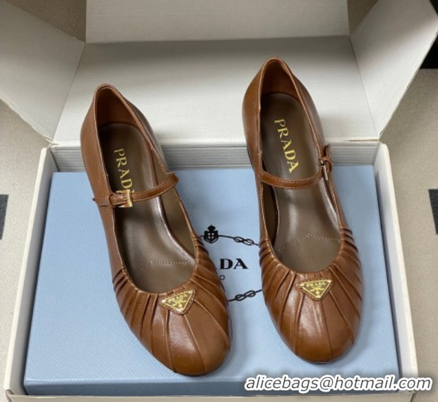 Good Looking Prada Pleated Leather Mary Janes Pumps 4cm Dark Brown PR022701 0227097