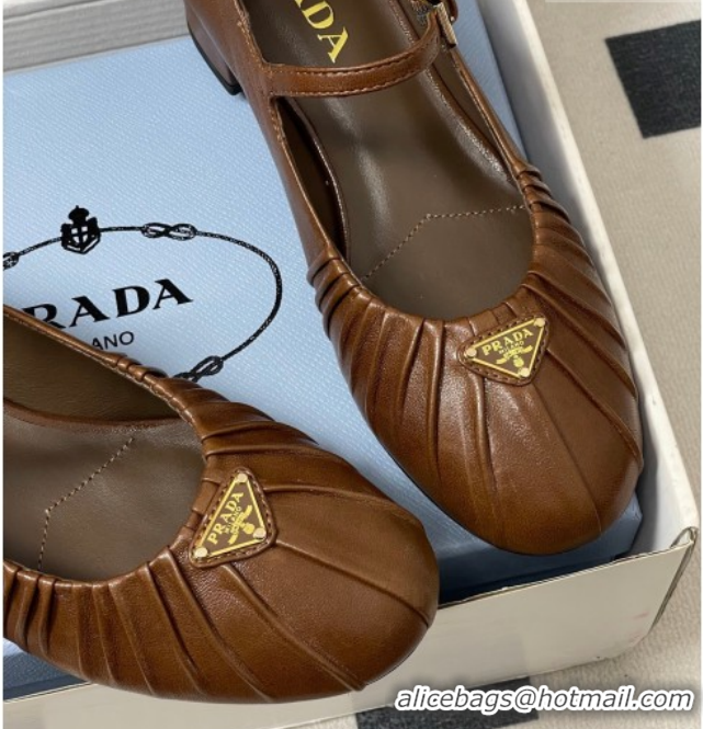 Good Looking Prada Pleated Leather Mary Janes Pumps 4cm Dark Brown PR022701 0227097