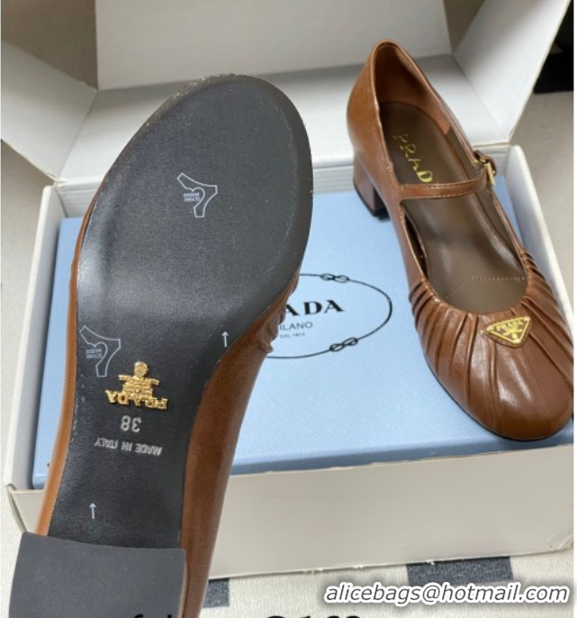 Good Looking Prada Pleated Leather Mary Janes Pumps 4cm Dark Brown PR022701 0227097