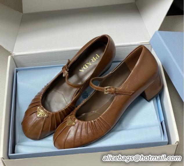 Good Looking Prada Pleated Leather Mary Janes Pumps 4cm Dark Brown PR022701 0227097